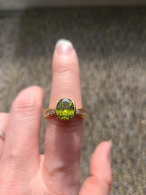 Gold Plated Ring with Green Gemstone and Diamonds - COSTUME JEWELRY - Image 1 of 4