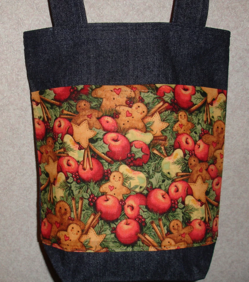 NEW Handmade Small Christmas Holiday Gingerbread Apple Floral Denim Tote Bag - Image 1 of 1
