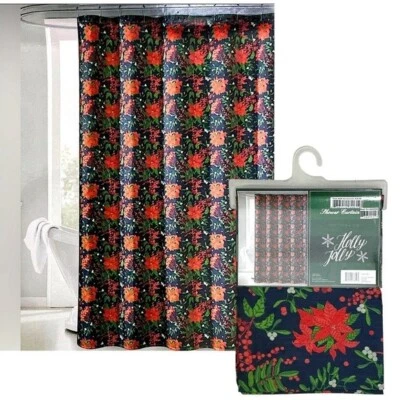 Cortina de Ducha de Navidad Vacaciones Tela Poinsettias Clásica Azul Marino 70x72 pulgadas Foto 1 de 4