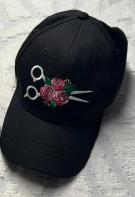 Womens Black Ballcap for Hair Stylist or LGBT Scissors Roses Hair Cutting Pink - Image 1 of 4