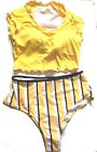 Bright Yellow with Striped Bottom Cropped Tankini Swimsuit Size Small