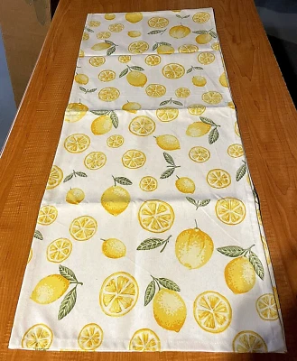 Table Runner Yellow & White Cotton Lemon Themed 70" x 14" - Image 1 of 4