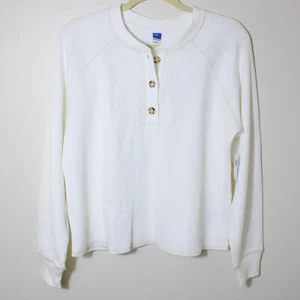 Old Navy Damen Kuscheliges Waffelstrick Henley Langarm T-Shirt Creme Elfenbein Größe M - Bild 1 von 4