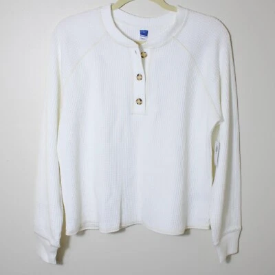 Antigua camiseta azul marino para mujer acogedora tejida gofre Henley manga larga crema marfil talla M Foto 1 de 4