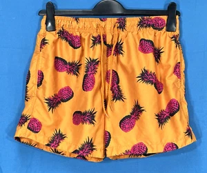 H&M Orange/Gold/Pink PINEAPPLE PRINT Mesh Lined SWIM TRUNKS BOARD SHORTS Sz M - Picture 1 of 5