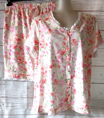 Aria Women's 2 Piece Shorts Pajama Set Button Up Top Pink Floral Cotton Knit XL - Image 1 of 4