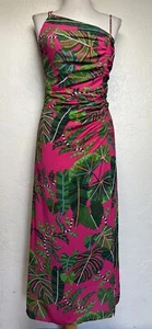 nwt Farm Rio Leaves Pink Midi Dress Front Slit Sz S Strappy Ruched Floral Green - Picture 1 of 12
