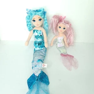 Menge 2 TY Meerjungfrau Puppe Cora Indigo Pailletten 14 Zoll Plüschtier Stofftier Rosa Blau - Bild 1 von 10