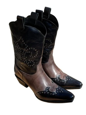 Botas de Vaquero Lucchese Charlie Horse Para Mujer 8.5 Marrón y Negro Cuero Tachonado Foto 1 de 4