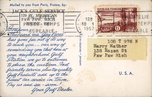 Paw Paw,MI Gulf Service Station Advertising Sent France 1957 Michigan Postcard - Picture 1 of 2