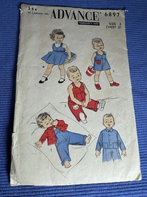 Vtg 1950's ADVANCE Child Baby TODDLERS Play Clothes Pattern 6897 Size 2 COMPLETE - Image 1 of 4