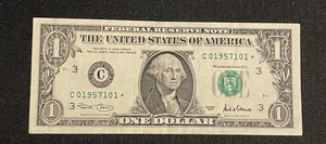 2001 $1 Dollar Star Note With Serial Number C01957101* - About Uncirculated - Picture 1 of 2