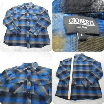 Camisa a Presión Gioberti Perla Para Hombre Grande Azul Cuadros Franela Bolsillos Manga Larga Foto 1 de 4