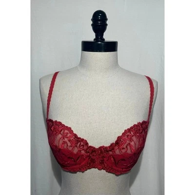 VICTORIA'S SECRET Red Lace Underwire Bra Floral Semi-Sheer Nylon Womens 34C - Image 1 of 4