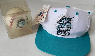 Florida Marlins Vintage 1993 Inaugural Season New Hat Tags and Collectible Ball - Image 1 of 4