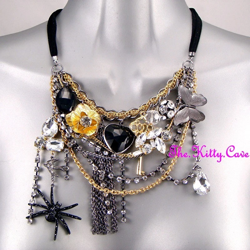 Silver Gold Gothic Punk Rock Retro Charms Feature Necklace W/ Swarovski Crystals - Image 1 of 4