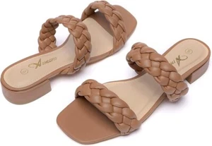 ATHLEFIT Women's {7.5} Square Open Toe/ Braided Sandals/ Slip On/ Low Block Heel - Picture 1 of 7