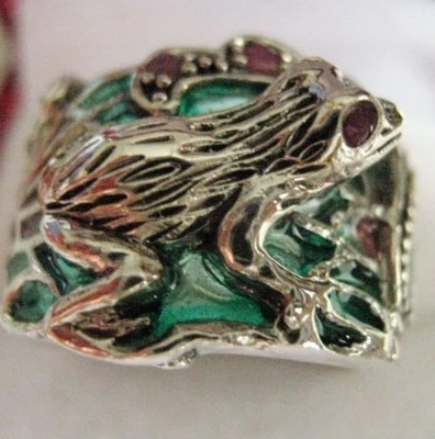 Art Nouveau Sterling Silver Plique a Jour Marcasite Ruby Frog Cocktail Ring O ½ - Image 1 of 4