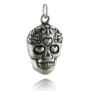 Sugar Skull Pendant - 925 Sterling Silver Charm Day of the Dead Calavera Gift - Picture 1 of 3