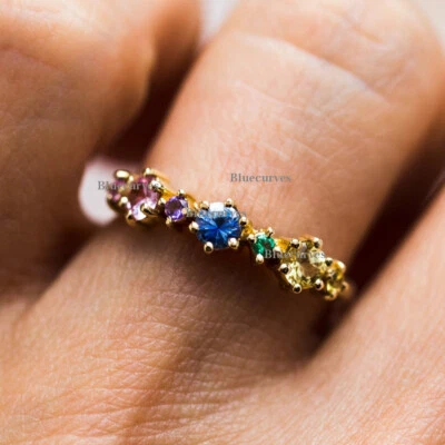 Rainbow Gemstone Wedding Eternity Band Ring 14k Solid Yellow Gold FIne Jewelry - Image 1 of 2