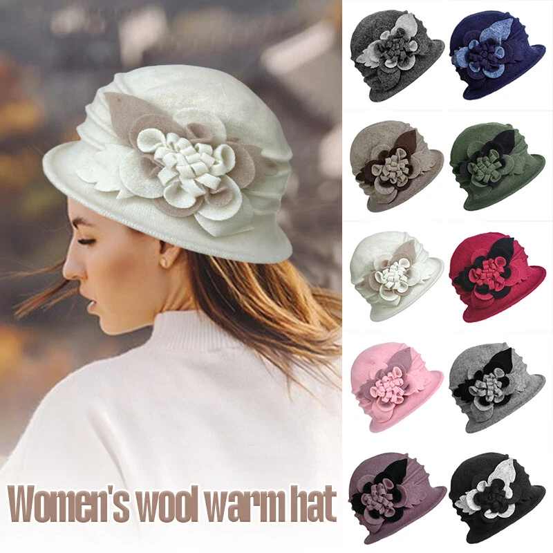 Elegant Flower Decor Womens Wool Basin Hat Warm Mom Hat Beanie Beret Winter Hat - Image 1 of 4