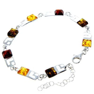 925 Sterling Silver & Baltic Amber Square Stones Mix Bracelet 19 cm - 2087 - Imagem 1 de 4