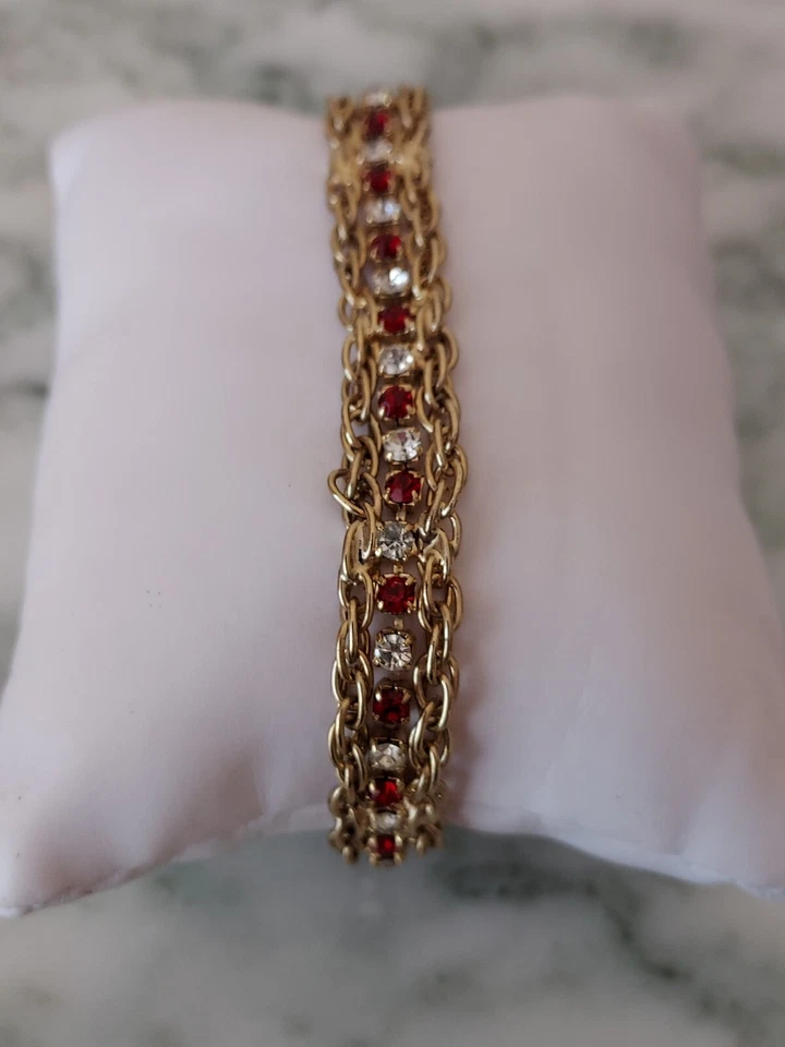 金色红色透明水钻薄链式手链 — 第 1/1 张图片