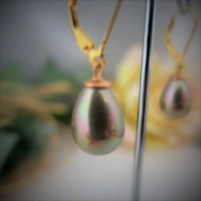 Ohrringe aus Muschelkernperlen Tropfen Glanz-Cappuccino, Brisuren vergoldet - Bild 1 von 2