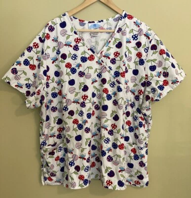 S.B. Scrubs Women’s Plus Size 3X White Scrub Top Bees Cherries Elastic Waist - Image 1 of 4