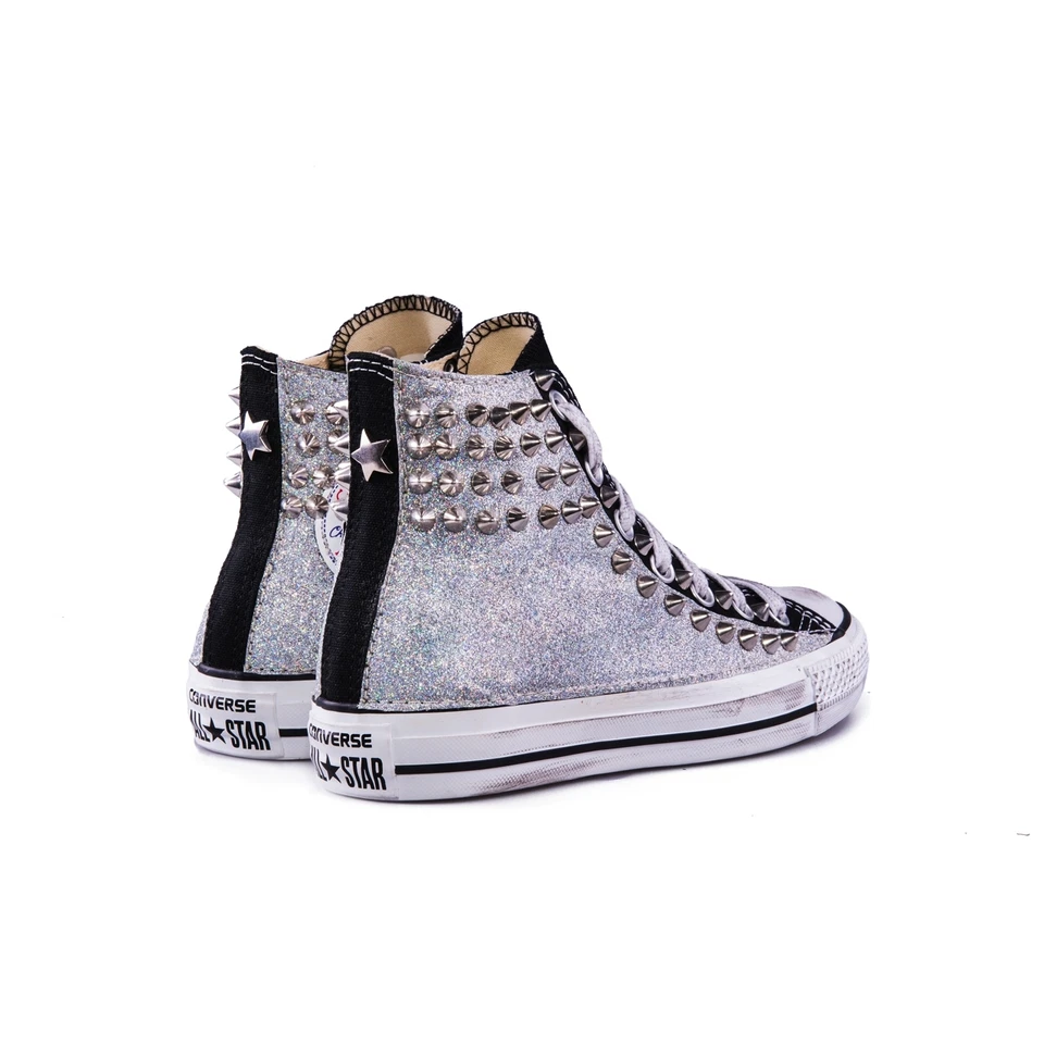 Converse Nere personalizzate con tessuto Glitter argento borchie effetto sporco - Immagine 1 di 1