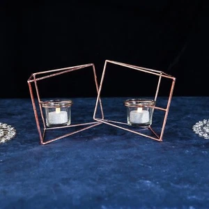 ROSE GOLD 6" tall 2 Jointed Geometric Stand with Glass Votive Candle Holders - Picture 1 of 6
