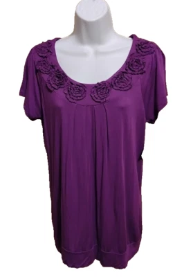 NWT Design History Women's Purple Solid Floral  Short Sleeve Top Blouse Size: M — 第 1/2 张图片