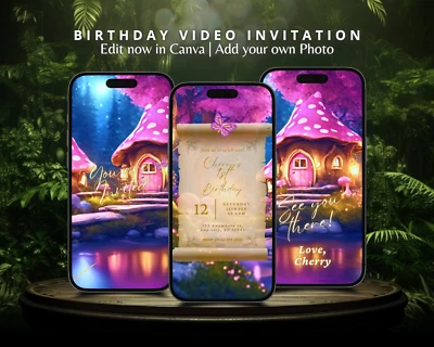 Enchanted Forest Purple Mushroom House Fairy Garden Birthday Invitation Video - Image 1 of 4