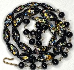 Vintage venezianische Folie Kunst Glas schwarze Perlen Halskette schöne irisierende Farben #1 - Bild 1 von 11