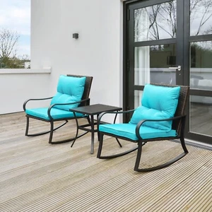 Domi 3 Pieces Bistro Set Outdoor Rocking Chair Wicker Patio Set w/1 Table(Blue) - Picture 1 of 8