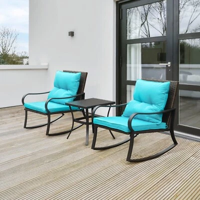Domi 3 Pieces Bistro Set Outdoor Rocking Chair Wicker Patio Set w/1 Table（Blue） - Image 1 of 4