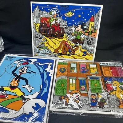 Lote de 3 rompecabezas de bandeja de madera Playskool de colección Plaza Sésamo Disney años 80 Goofy Foto 1 de 4