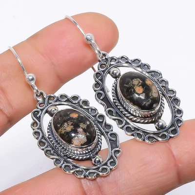 Pendiente de plata de ley 925 con piedras preciosas étnicas de jaspe piel de leopardo natural 2,0" g92 Foto 1 de 4