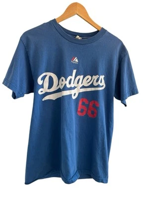 Majestic Los Angeles DODGERS Blue T-Shirt-YASIEL PUIG #66-2-Sided-Men's M READ - Image 1 of 4