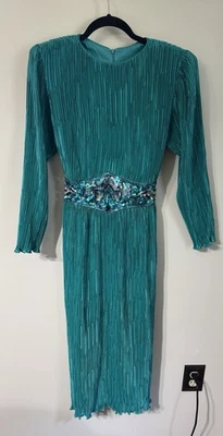 Vestido Nuit Plisado Vintage Aqua Teal Plisado Lentejuelas Cuentas Cinturón Glamour Años 80 12 Foto 1 de 4