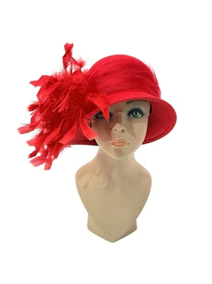 Kathy Jeanne Red Feather Cloche Hat Wool Felt Dress Church Kentucky Derby USA - Image 1 of 4