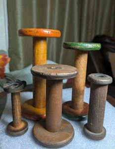 Lot 5 Antique Wooden Industrial Spools Rustic Primitive Decor Candle Holders - Picture 1 of 24