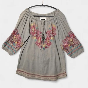 Johnny Was Biya Embroidered 3/4 Sleeve Floral Peasant Blouse Grey S Boho Hippie - Picture 1 of 9