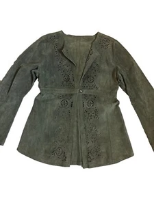 Willi Smith Women's Large Genuine Leather Suede Laser Cut Boho Jacket Green - Picture 1 of 6