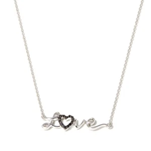Womens LOVE Script Real Black Diamonds Sterling Silver Necklace, 18in New - Picture 1 of 4