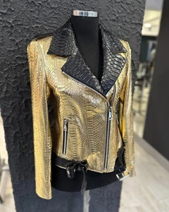 Genuine Python Leather Women's Golden Motorcycle Biker Jacket - Picture 1 of 8