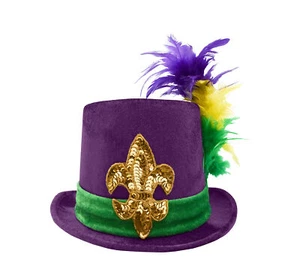Adult Velvet Mardi Gras Top Hat Gold Fluer Di Lis And Feather Costume Accessory - Picture 1 of 6