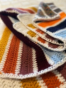 Handknit Crochet Striped Afghan Lap Blanket Couch Throw VTG Boho style 62x49 - Picture 1 of 11