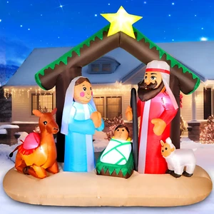 6FT Christmas Inflatable Nativity Scene with Baby Jesus, Parents, Donkey, Sheep, - Picture 1 of 6