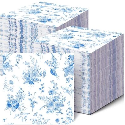 100 Pack Blue Floral Cocktail Napkins Blue and White Floral Toile Paper Napki... - Image 1 of 4